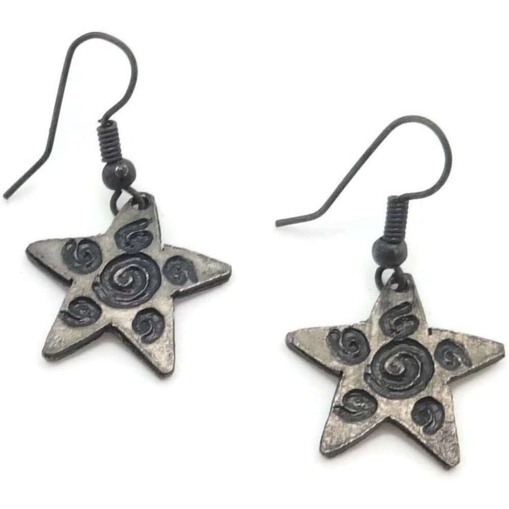 Anju Star Swirl Designed Antique Pewter Drop Dangle Hook Earrings E1820 - NEW